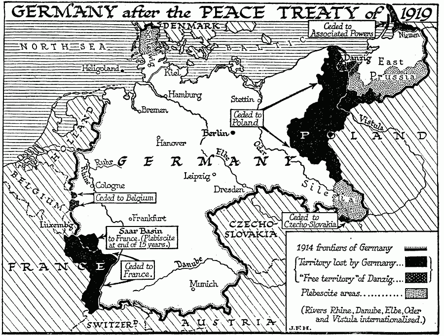 Carte en noir et blanc montrant des motifs distinguant l’Allemagne de 1914 de celle de 1919. Des terres ont été cédées à la Belgique, la Pologne, la France et la Tchécoslovaquie. On aperçoit les grandes villes et des pays avoisinants.